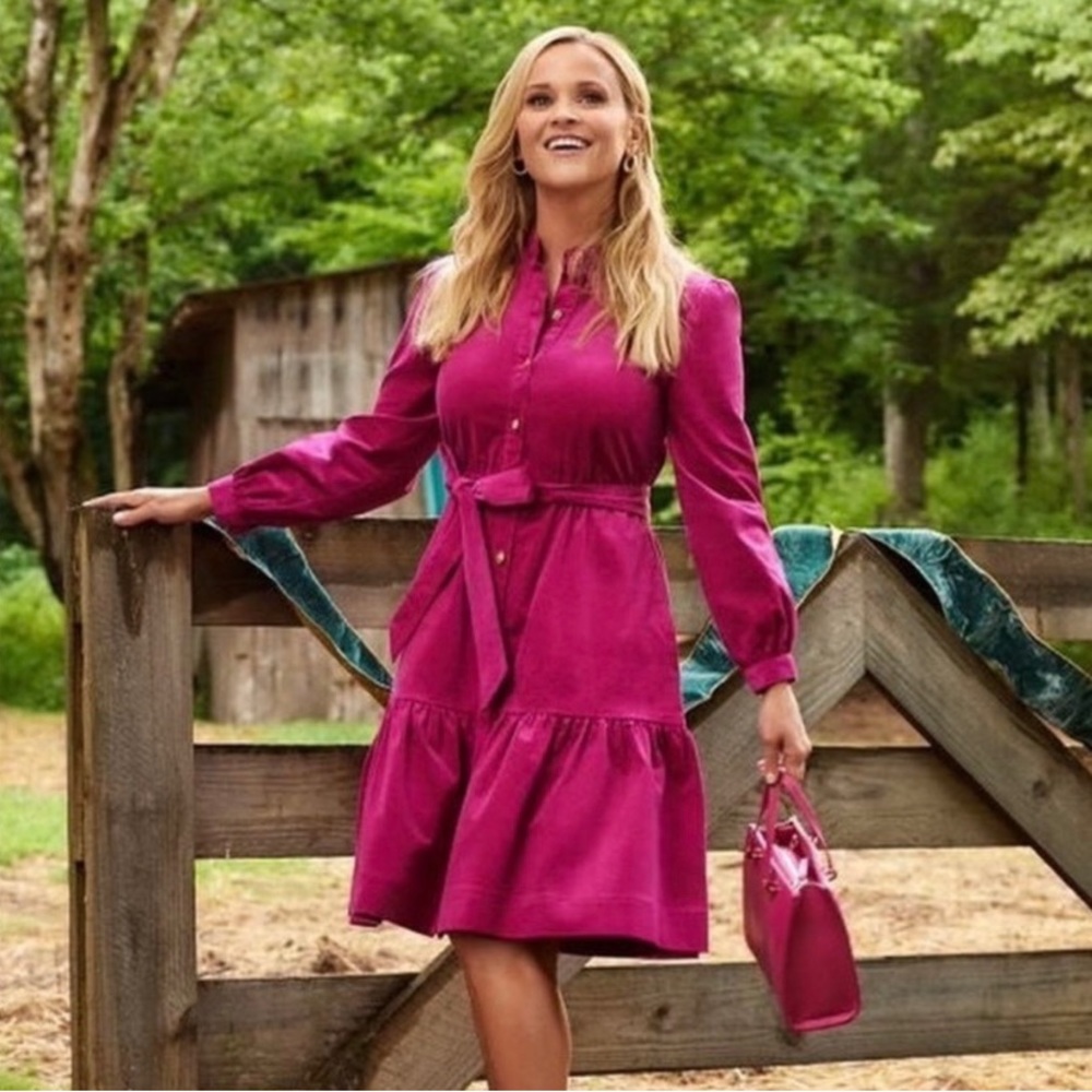Draper James Pink Ruffled A-Line Dress with Bishop Sleeves